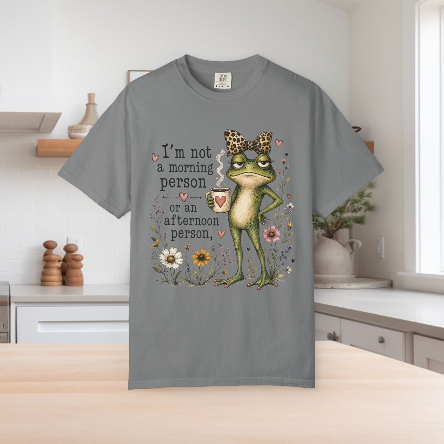 Grumpy Frog with Leopard Headband T-Shirt | Funny Morning Quote, Floral Illustration