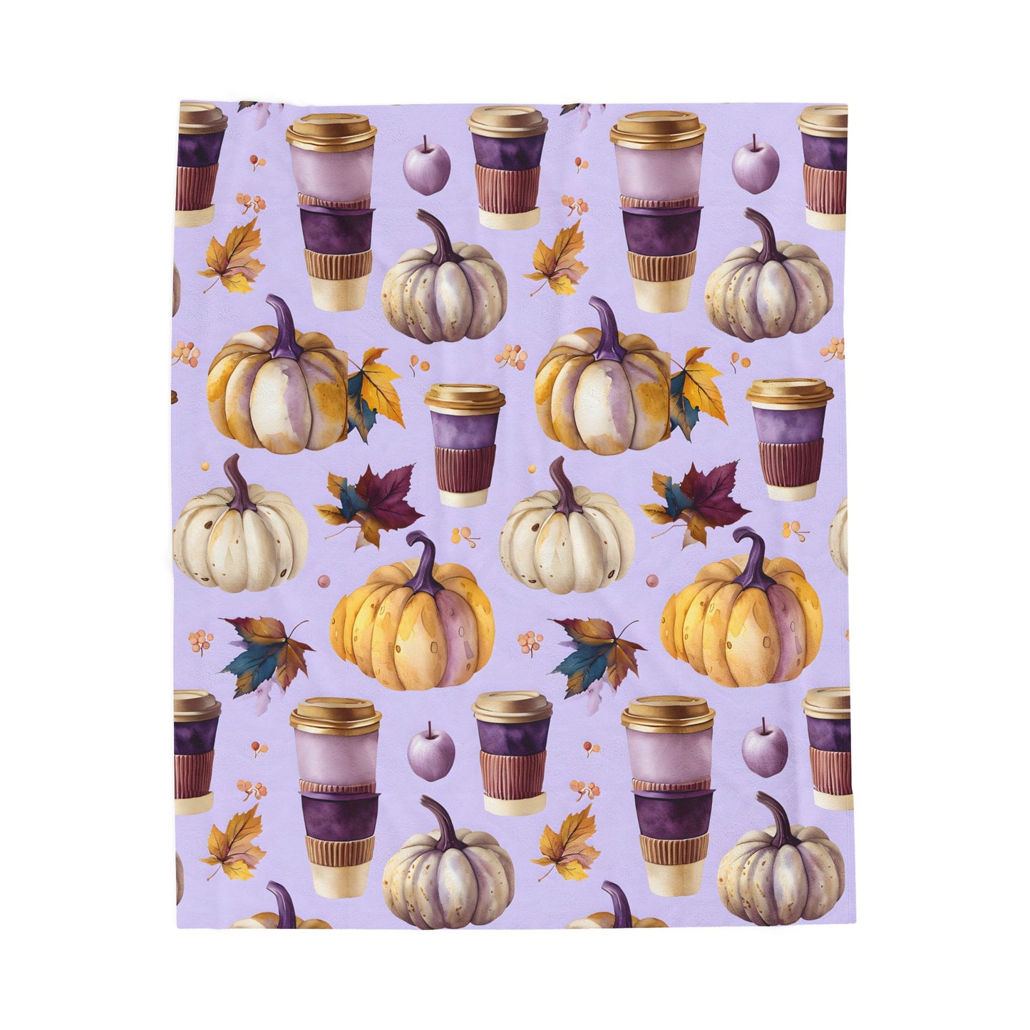 Velveteen Plush Blanket, Purple Watercolor Pumpkin and Coffee Throw, Soft Eco-Friendly Bedding, Cozy Fall Living Room Decor, Halloween