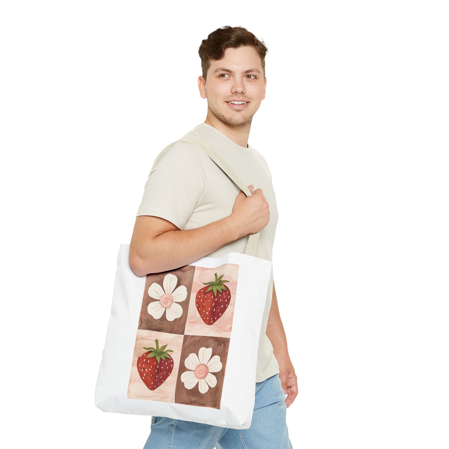 Strawberry Floral Tote Bag, Perfect for Spring, Eco-Friendly Shopping, Farmers Market, Gifts for Her, Cute Weekend Bag