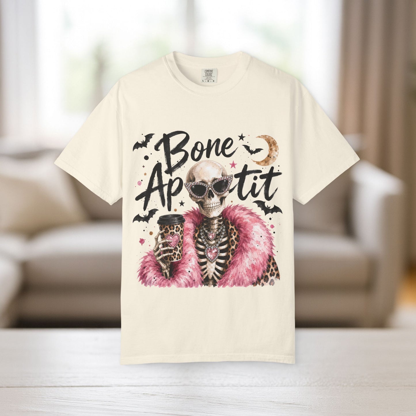 Bone Appetit Shirt | Glam Skeleton Comfort Colors Tee | Funny Halloween Graphic Tee | Sassy Skeleton Gift Shirt | Pink Leopard Halloween Tee