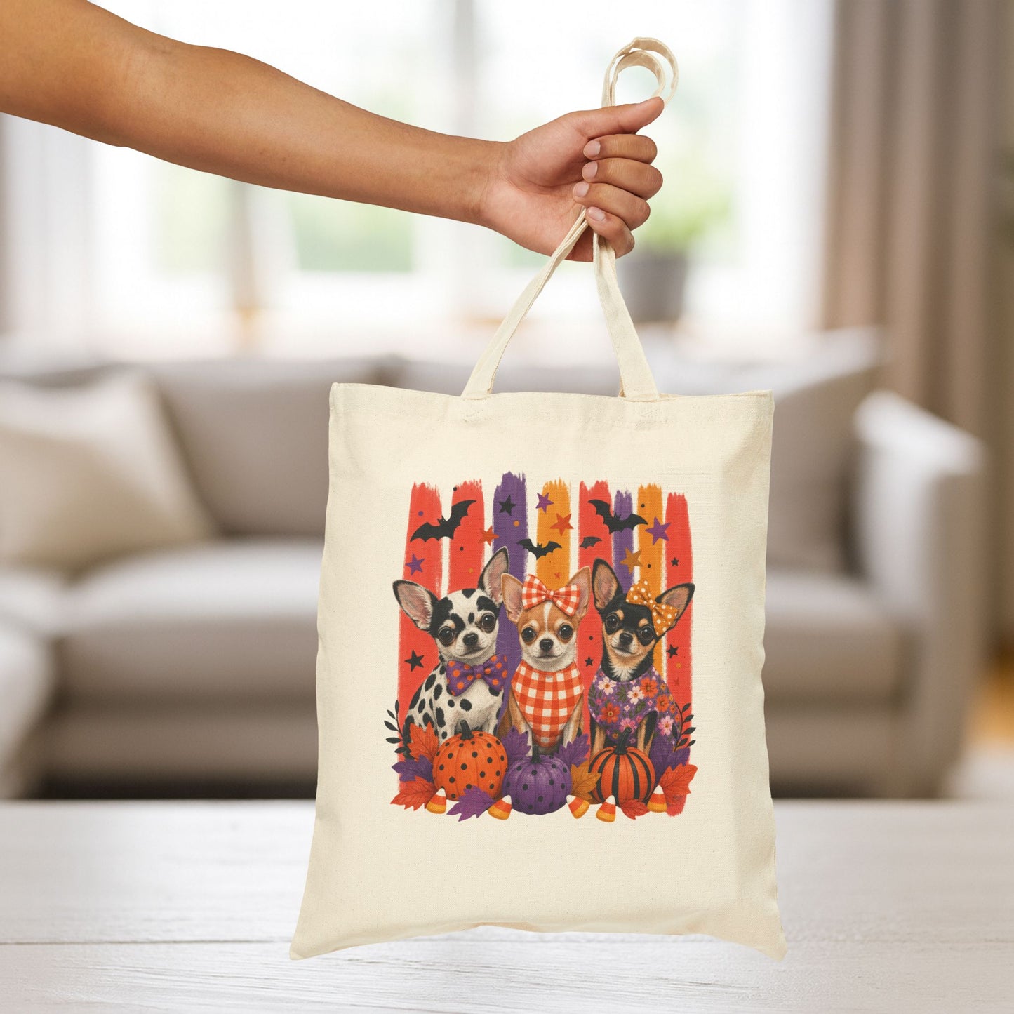 Three Chihuahuas in Fall Plaid Tote Bag | Canvas Tote, Autumn Pumpkin Dog Illustration