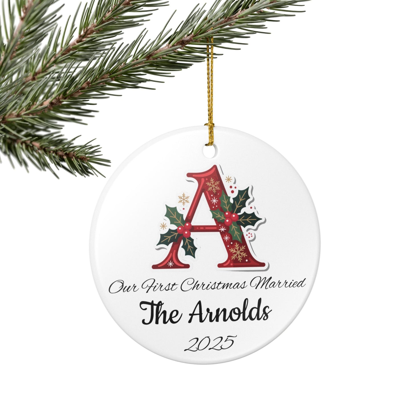 Custom Christmas Monogram Ceramic Ornament, Personalized Holiday Decoration Gift, Xmas Tree Bauble, Festive Name Initial Hanging Decor,