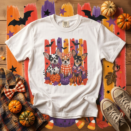 Chihuahua Trio Halloween T-Shirt | Pumpkin Pumpkins Bats Dogs