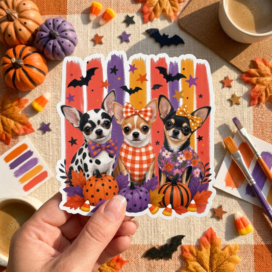 Three Halloween Chihuahuas Kiss-Cut Sticker | Pumpkins, Bats, Candy Corn