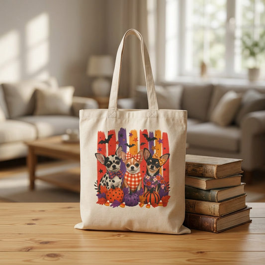 Three Chihuahuas in Fall Plaid Tote Bag | Canvas Tote, Autumn Pumpkin Dog Illustration