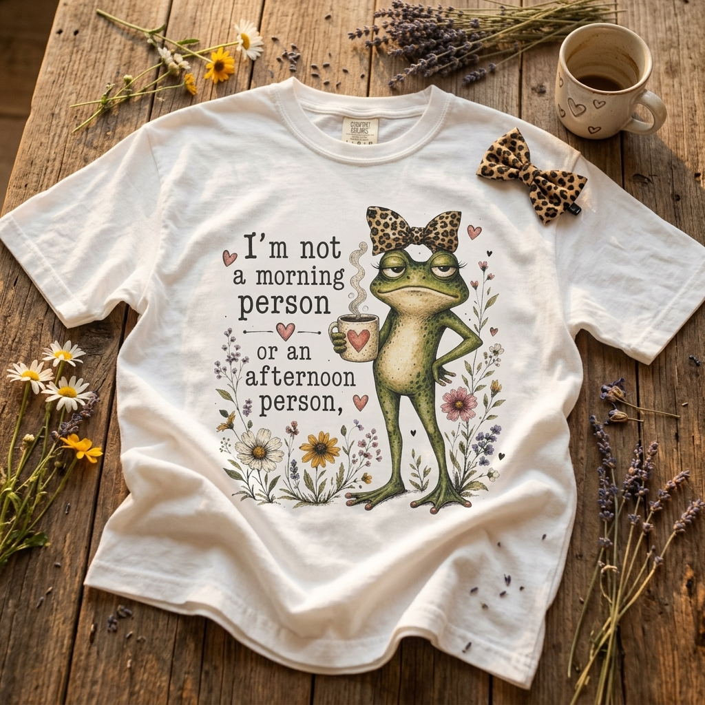 Grumpy Frog with Leopard Headband T-Shirt | Funny Morning Quote, Floral Illustration
