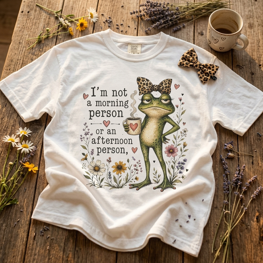Grumpy Frog with Leopard Headband T-Shirt | Funny Morning Quote, Floral Illustration