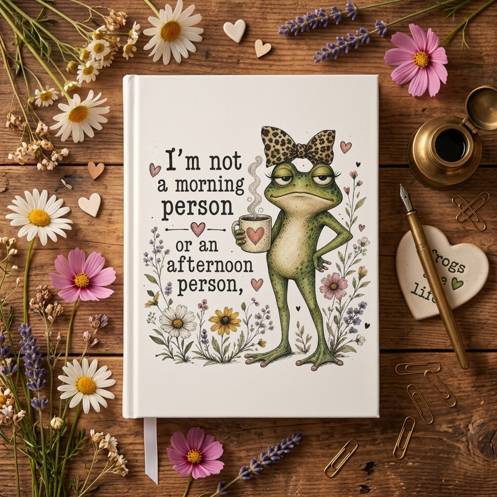 Grumpy Frog with Coffee Hardcover Journal | I'm not a morning person or an afternoon person