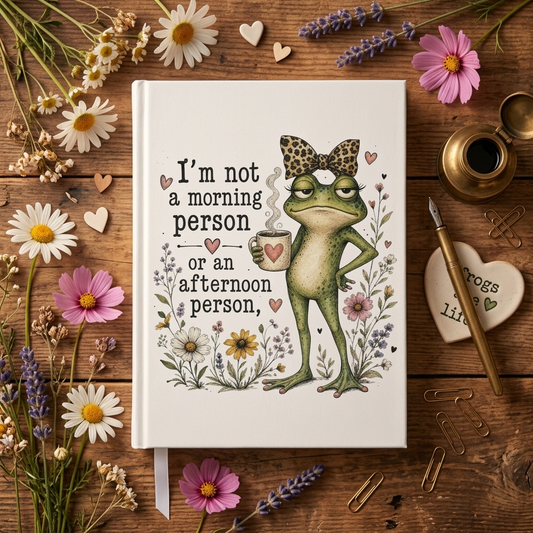 Grumpy Frog with Coffee Hardcover Journal | I'm not a morning person or an afternoon person