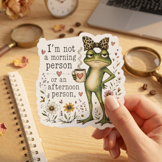 Grumpy Frog with Coffee Not a Morning Person Sticker | Kiss-Cut Vinyl Decal