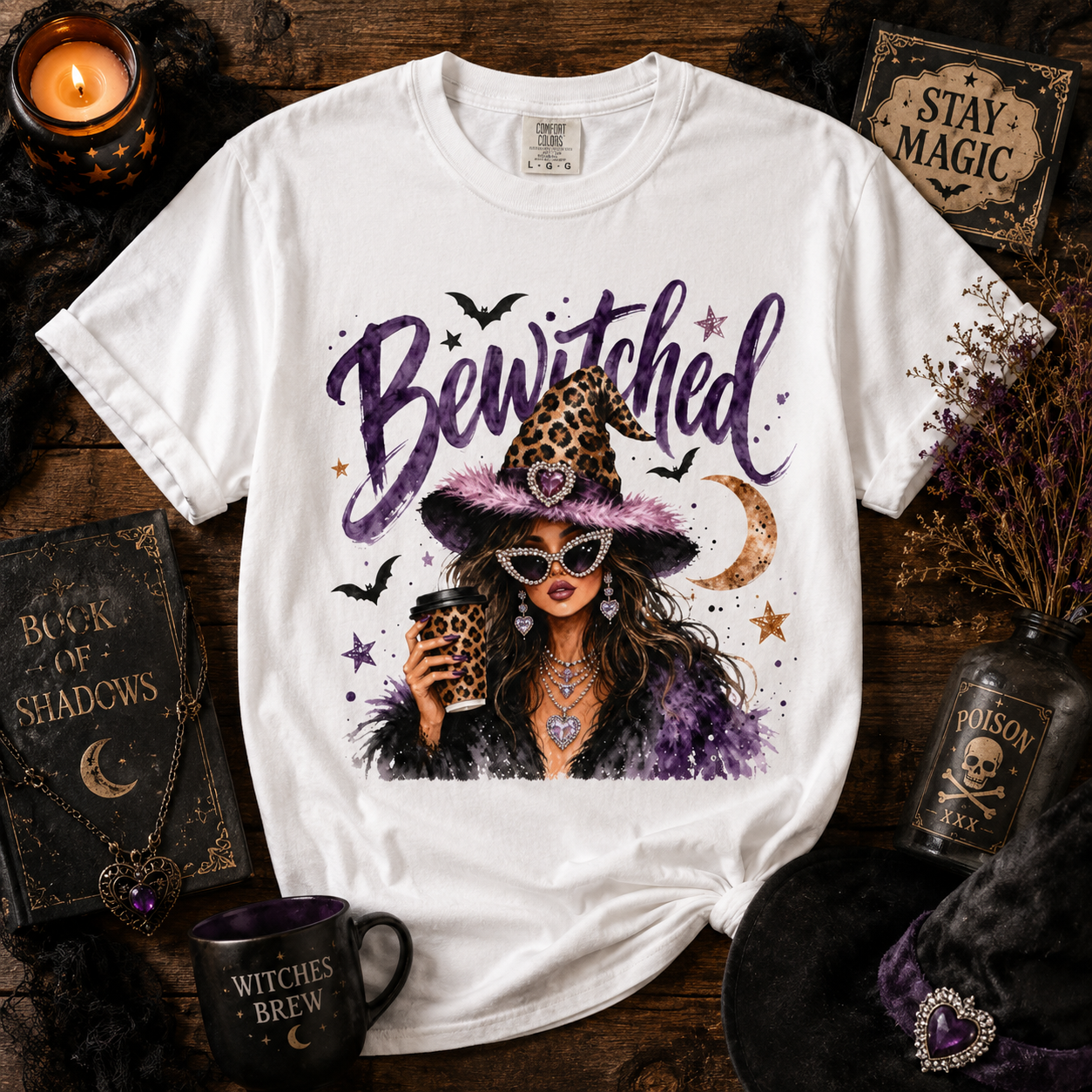 Bewitched Shirt | Glam Witch Comfort Colors Tee | Leopard Witch Hat Halloween Shirt | Sassy Halloween Graphic Tee | Witchy Girl Gift Shirt