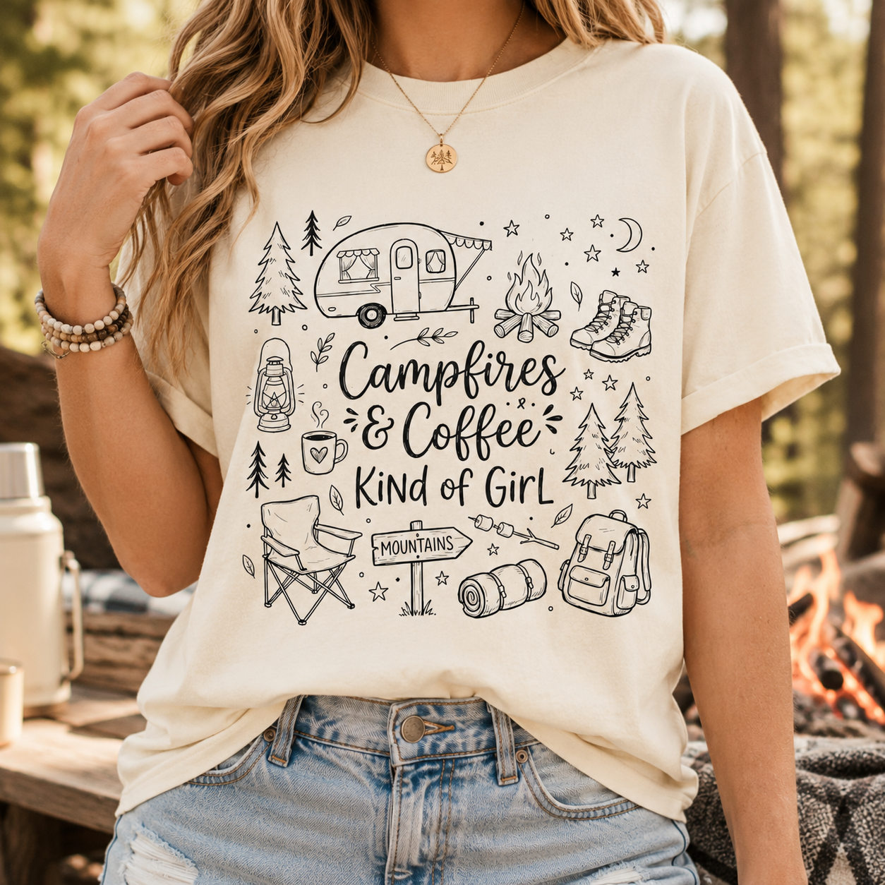 Camping Shirt, Campfires and Coffee Shirt, Outdoorsy Girl Tee, Camping Lover Gift, Hiking Shirt, Mountain Vacation Tee