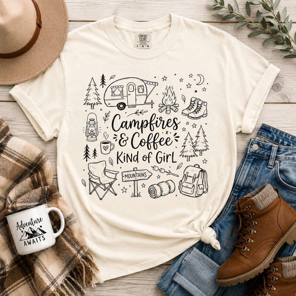 Camping Shirt, Campfires and Coffee Shirt, Outdoorsy Girl Tee, Camping Lover Gift, Hiking Shirt, Mountain Vacation Tee