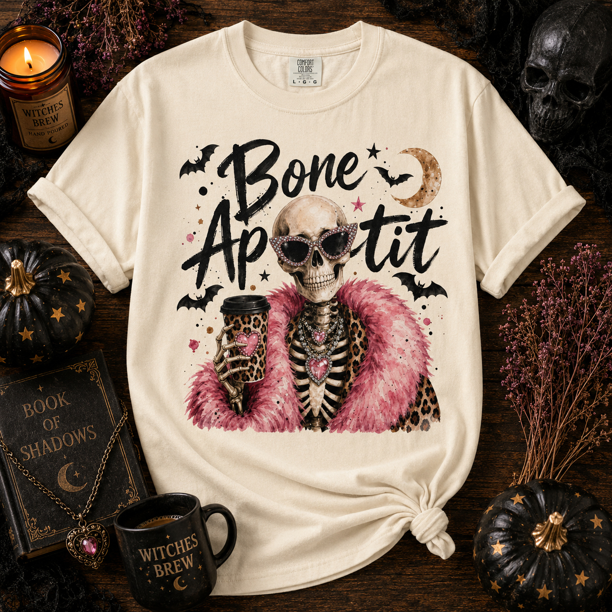 Bone Appetit Shirt | Glam Skeleton Comfort Colors Tee | Funny Halloween Graphic Tee | Sassy Skeleton Gift Shirt | Pink Leopard Halloween Tee