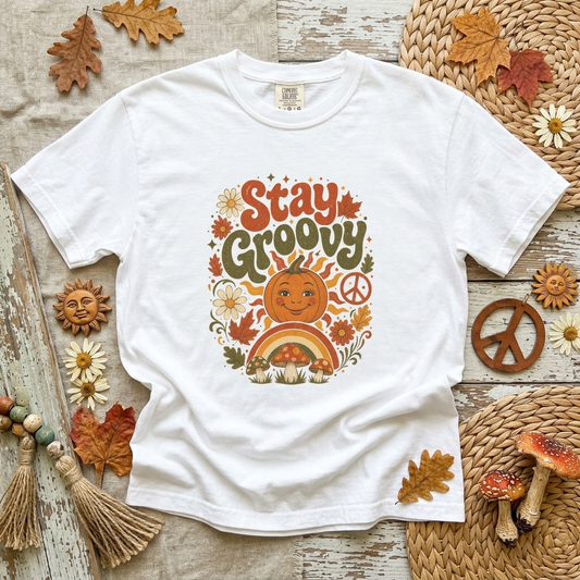Stay Groovy Shirt | Retro Fall Comfort Colors Tee | 70s Pumpkin Graphic Tee | Boho Autumn Shirt | Groovy Fall Peace Sign T-Shirt