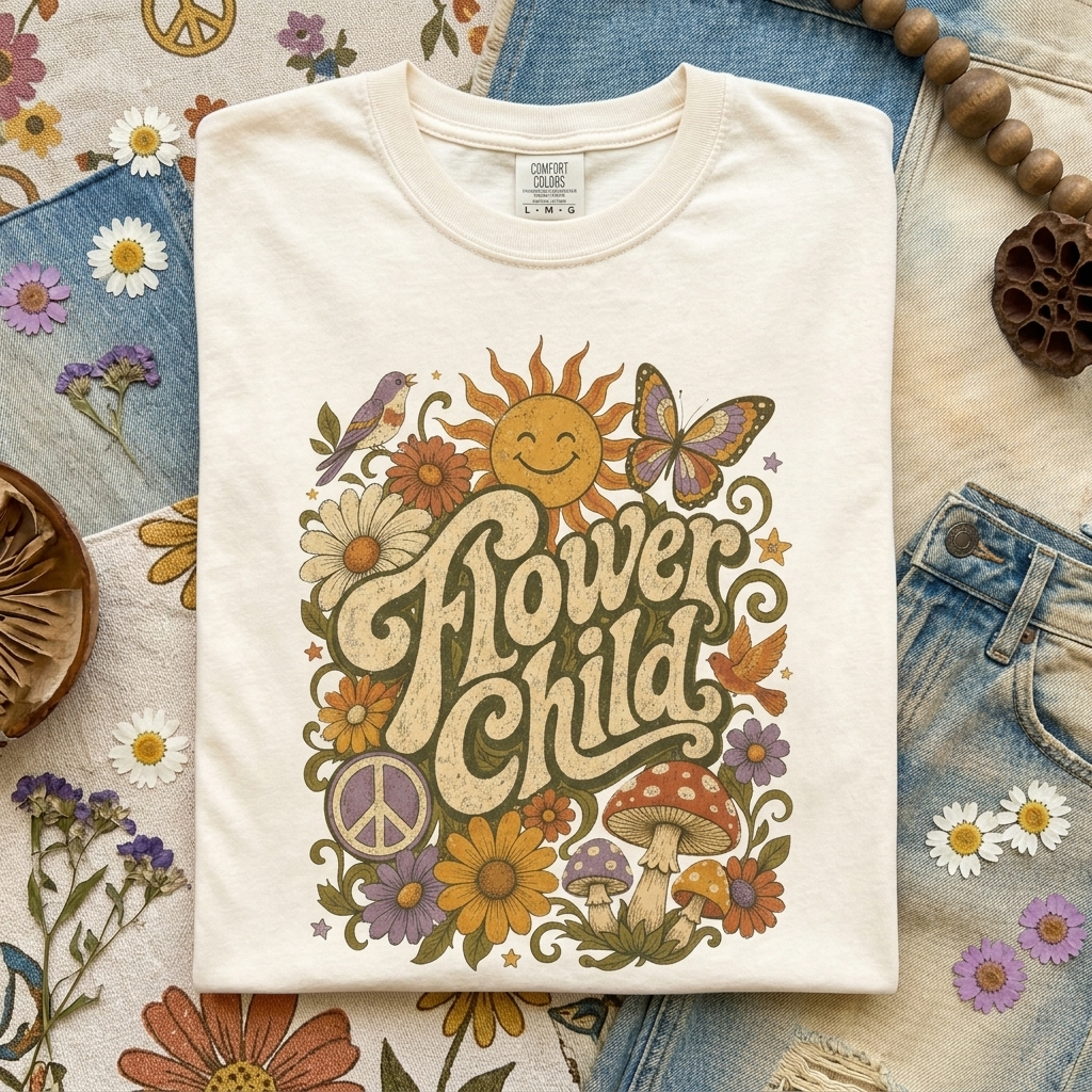Flower Child Shirt | Retro Boho Comfort Colors Tee | 70s Hippie Graphic Tee | Mushroom Sun Flower Shirt | Peace Sign Boho T-Shirt