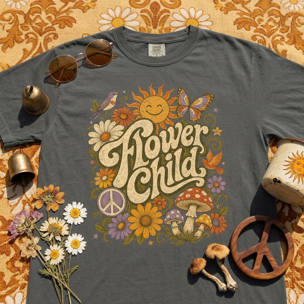 Flower Child Shirt | Retro Boho Comfort Colors Tee | 70s Hippie Graphic Tee | Mushroom Sun Flower Shirt | Peace Sign Boho T-Shirt