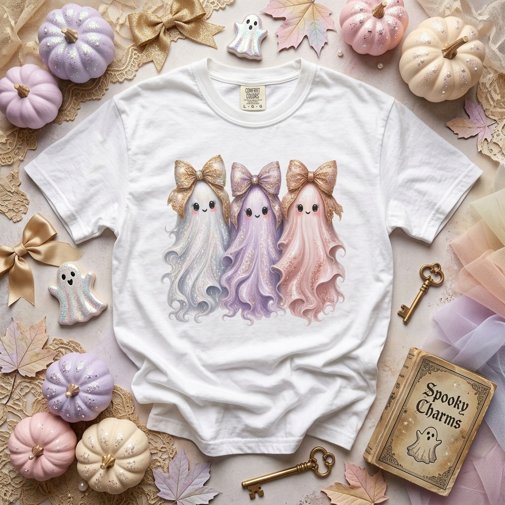 Cute Ghost Shirt with Bows, Comfort Colors Pastel Halloween Tee, Too Cute to Spook