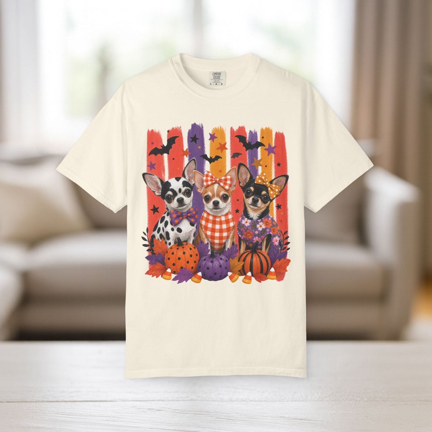 Chihuahua Trio Halloween T-Shirt | Pumpkin Pumpkins Bats Dogs