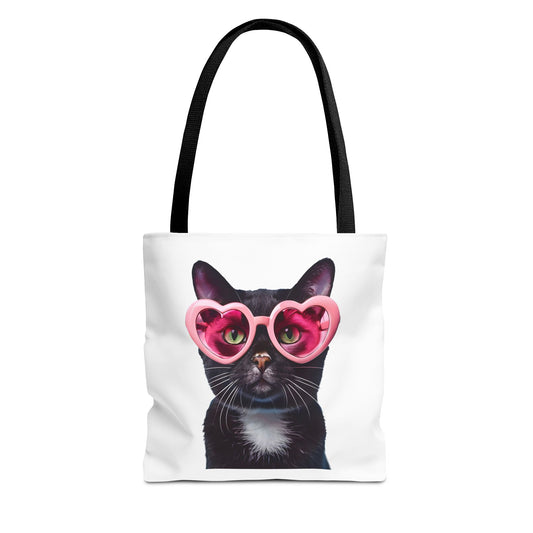 Trendy Black Cat Tote Bag, Cute Cat Lover Gift, Stylish Grocery Bag, Pink Heart Sunglasses Tote, Everyday Carryall