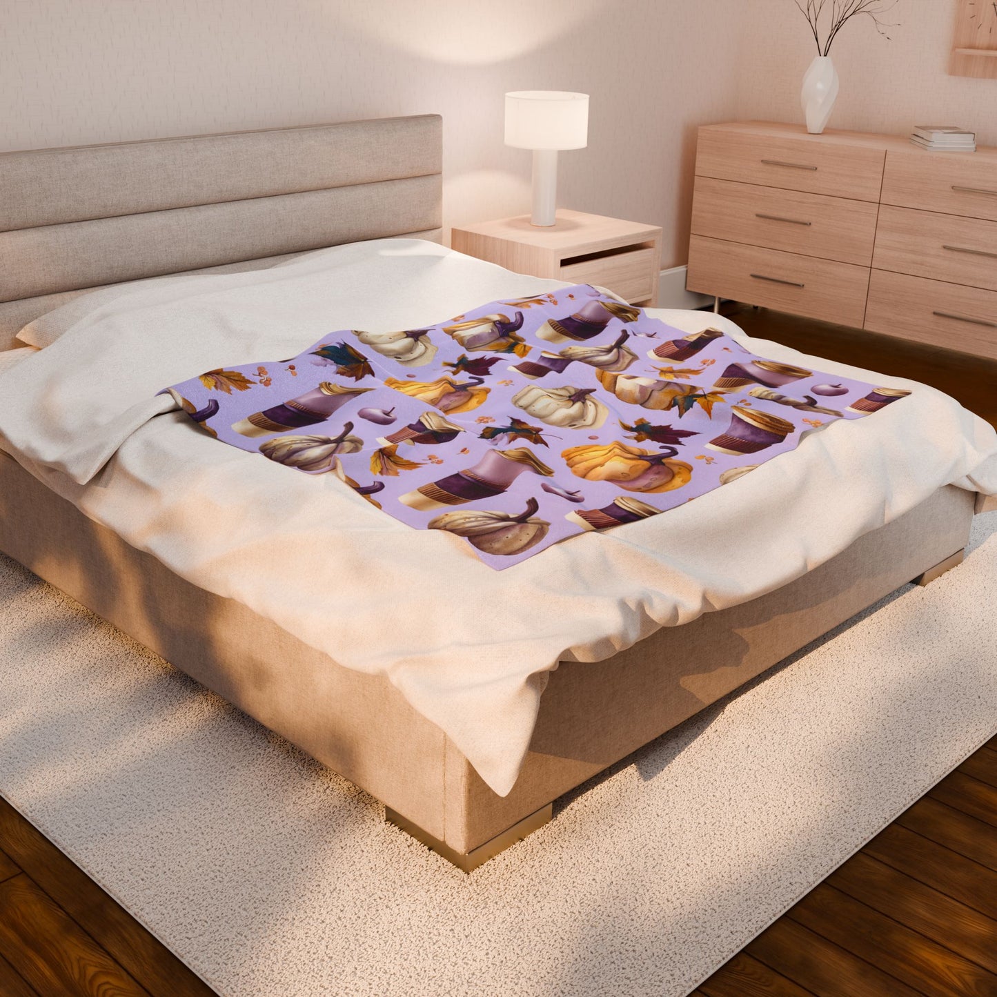 Velveteen Plush Blanket, Purple Watercolor Pumpkin and Coffee Throw, Soft Eco-Friendly Bedding, Cozy Fall Living Room Decor, Halloween