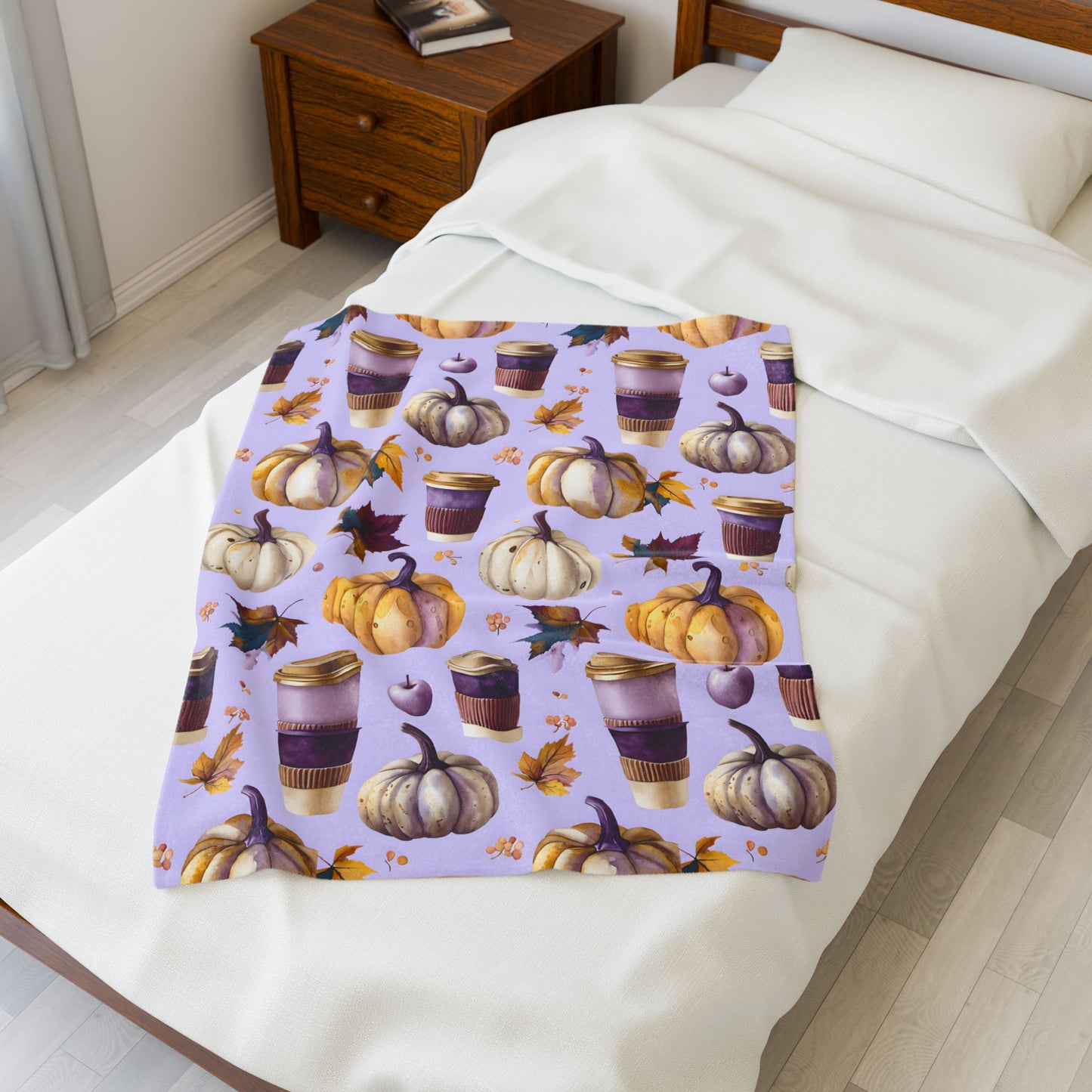 Velveteen Plush Blanket, Purple Watercolor Pumpkin and Coffee Throw, Soft Eco-Friendly Bedding, Cozy Fall Living Room Decor, Halloween