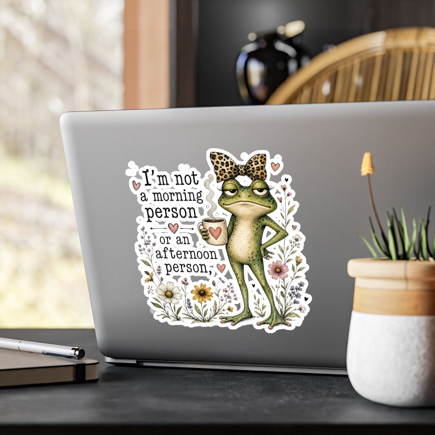 Grumpy Frog with Coffee Not a Morning Person Sticker | Kiss-Cut Vinyl Decal