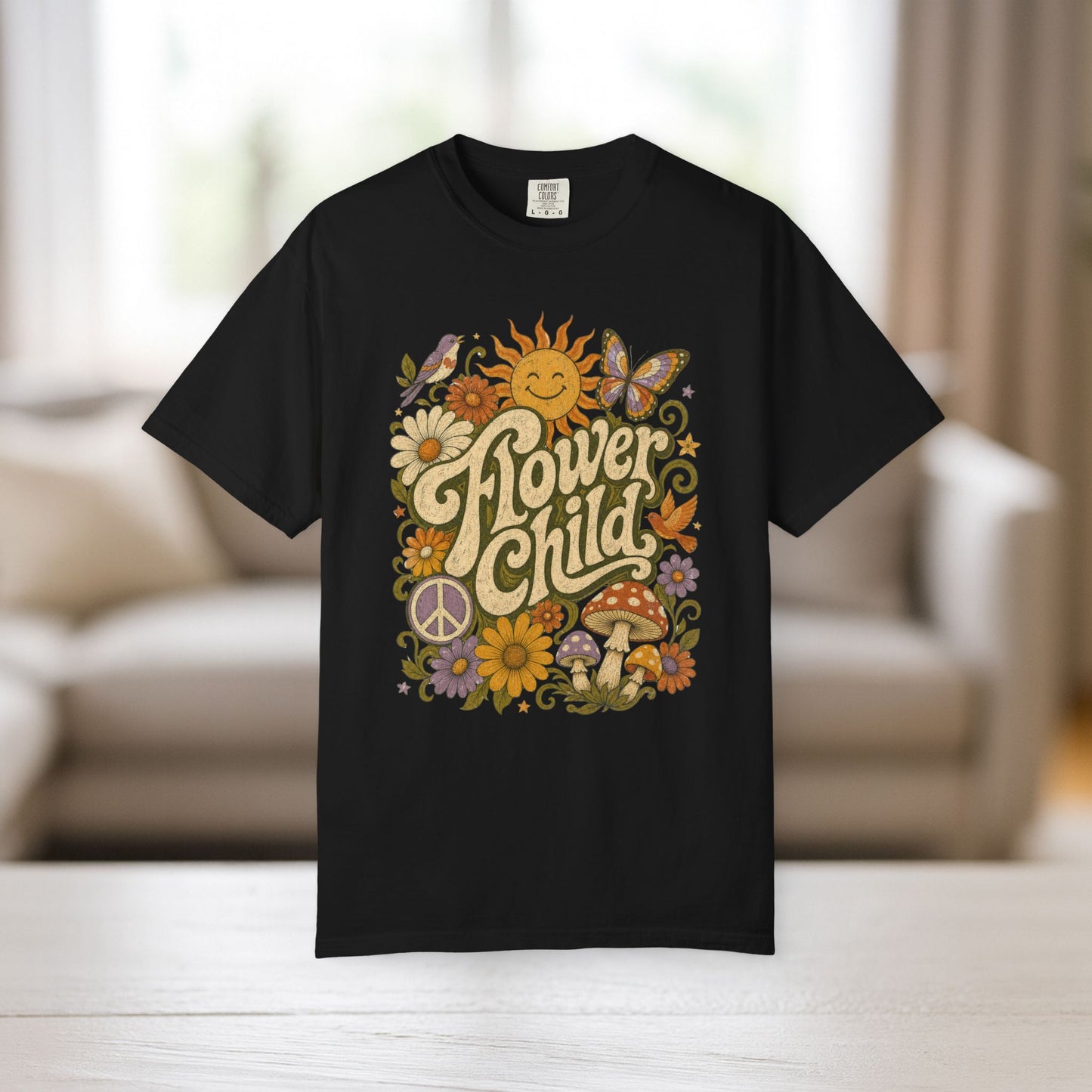 Flower Child Shirt | Retro Boho Comfort Colors Tee | 70s Hippie Graphic Tee | Mushroom Sun Flower Shirt | Peace Sign Boho T-Shirt