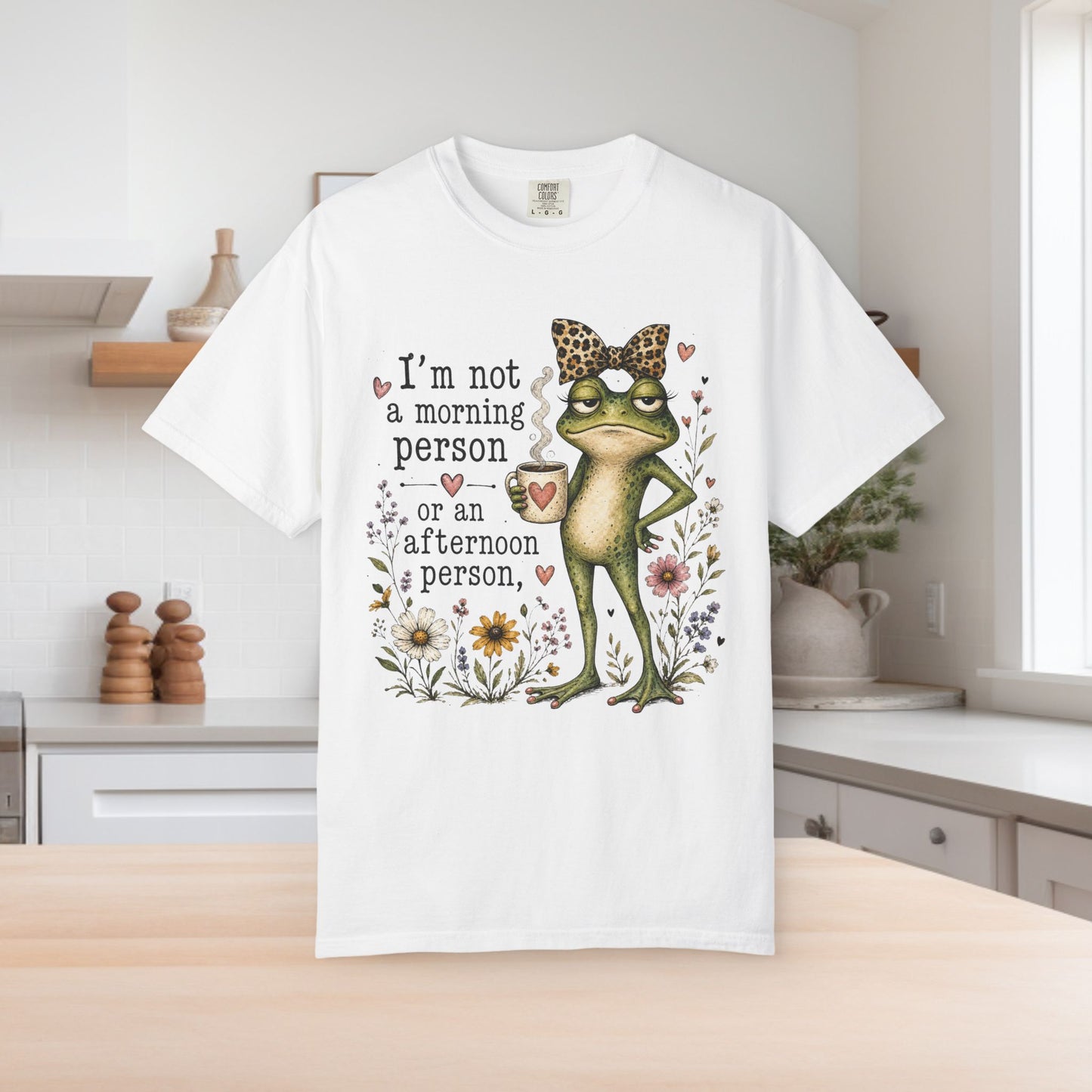 Grumpy Frog with Leopard Headband T-Shirt | Funny Morning Quote, Floral Illustration