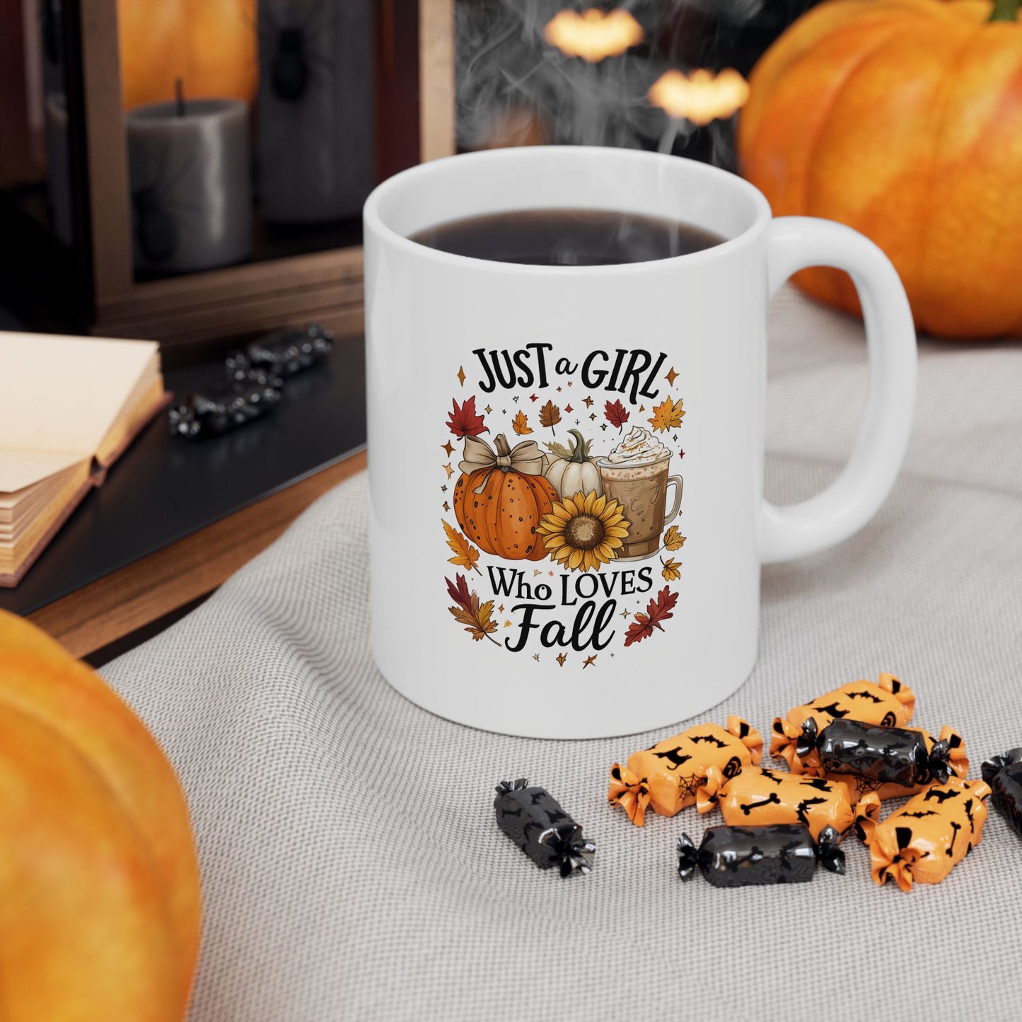 Just a Girl Who Loves Fall Mug, Pumpkin Spice Coffee Cup, Autumn Sunflower Latte Mug, Cozy Fall Gift for Her