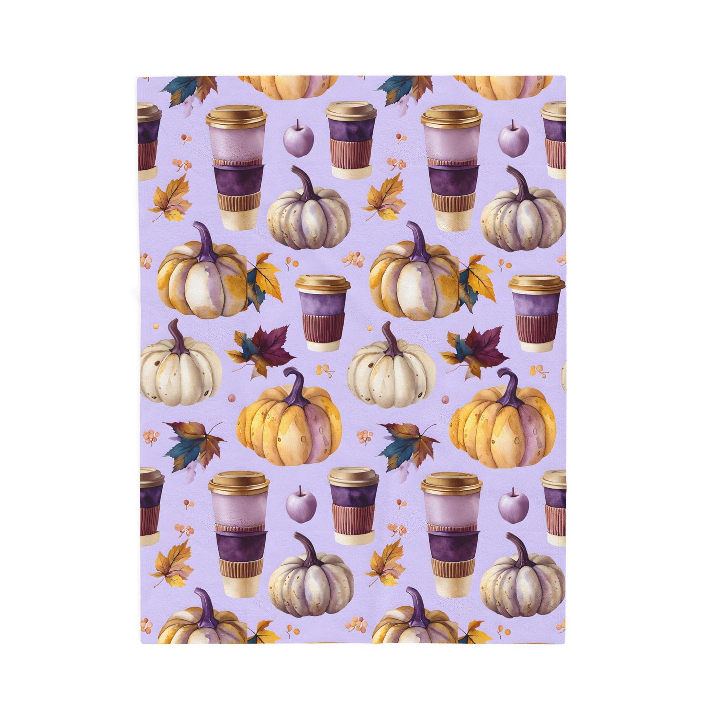 Velveteen Plush Blanket, Purple Watercolor Pumpkin and Coffee Throw, Soft Eco-Friendly Bedding, Cozy Fall Living Room Decor, Halloween