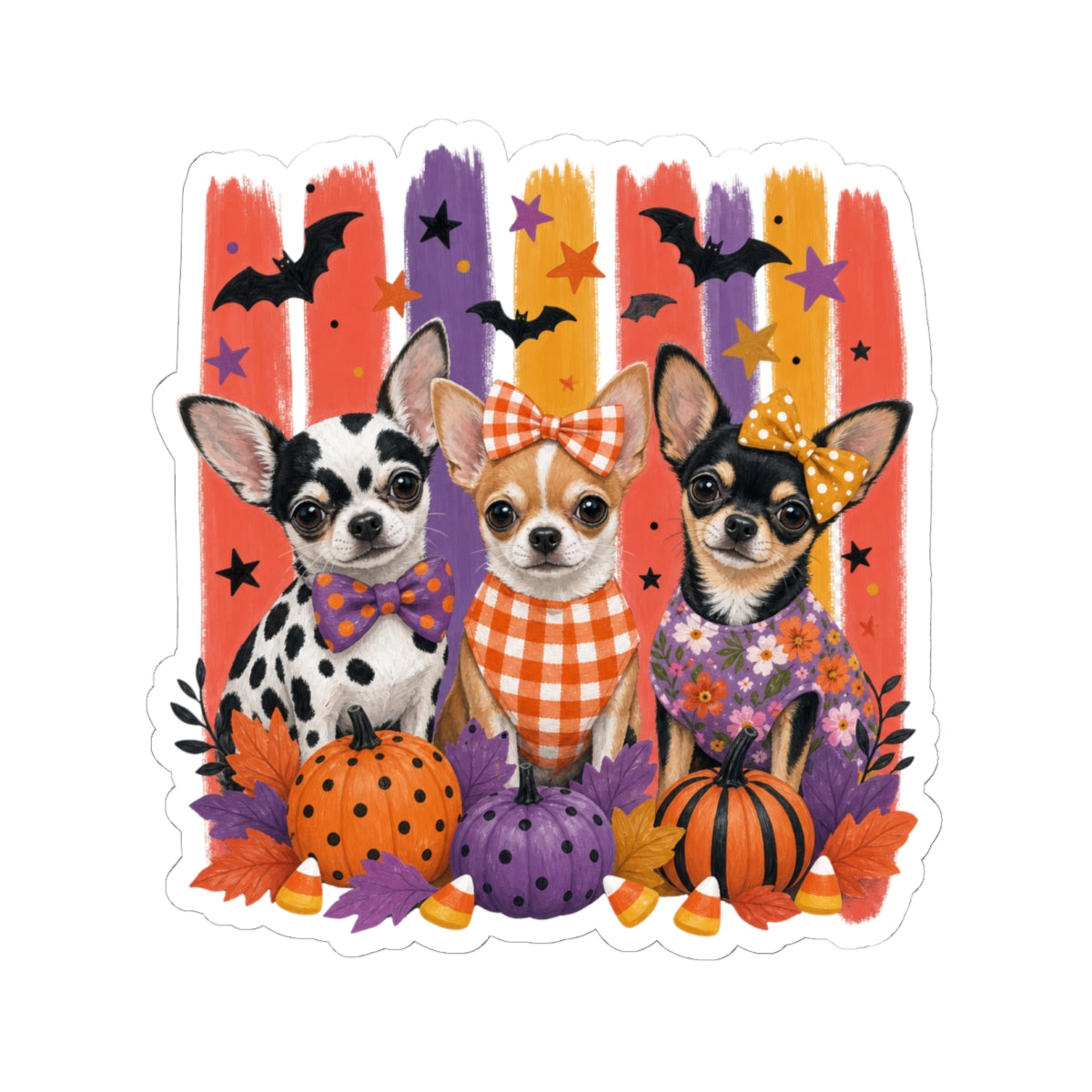 Three Halloween Chihuahuas Kiss-Cut Sticker | Pumpkins, Bats, Candy Corn
