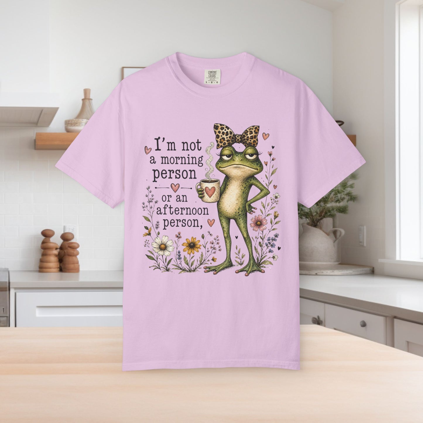 Grumpy Frog with Leopard Headband T-Shirt | Funny Morning Quote, Floral Illustration