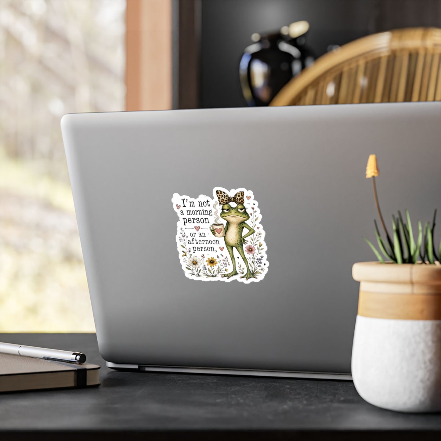 Grumpy Frog with Coffee Not a Morning Person Sticker | Kiss-Cut Vinyl Decal