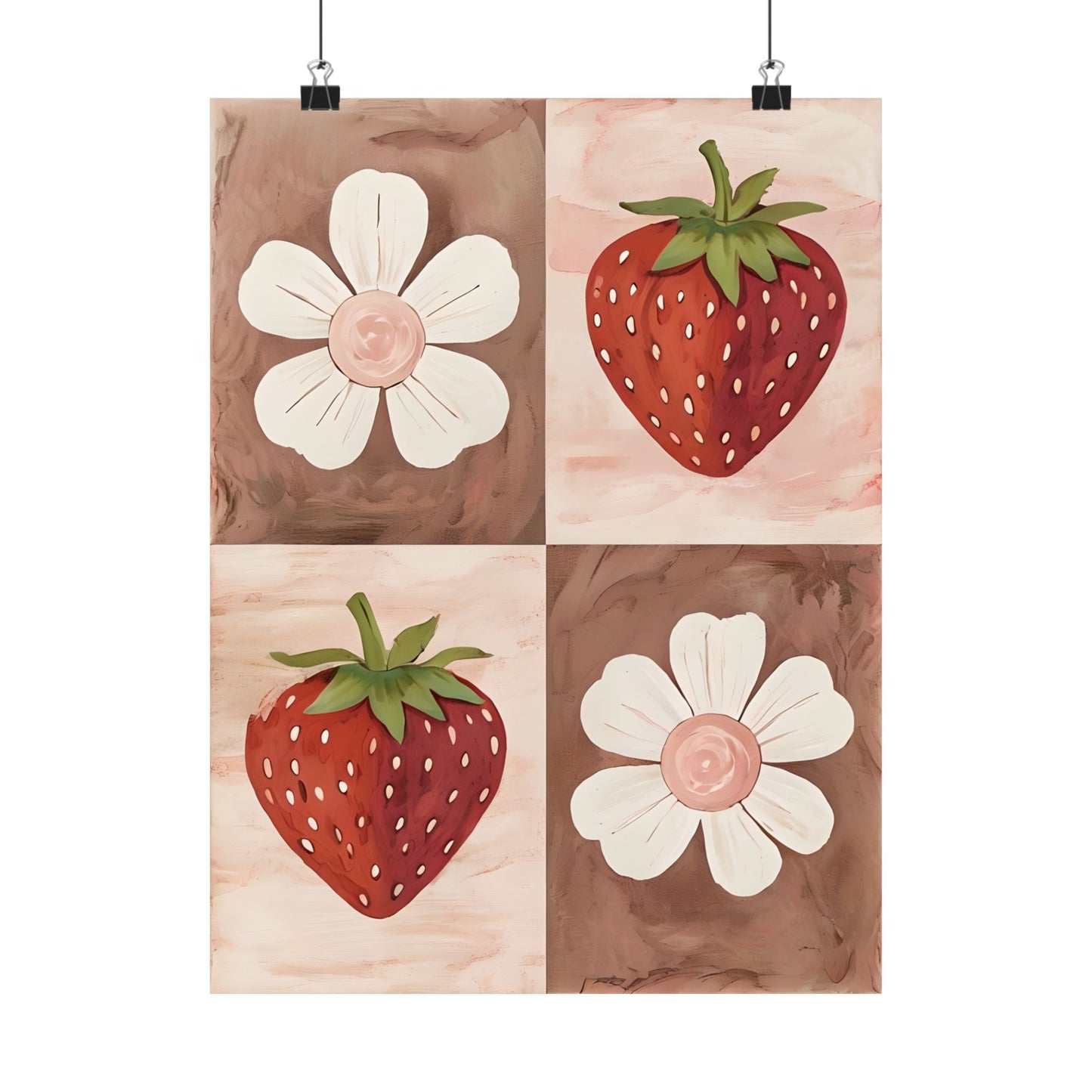 Strawberry & Floral Art Print, Matte Vertical Posters for Kitchen Decor, Farmhouse Wall Art, Gift for Garden Lovers, Boho Aesthetic