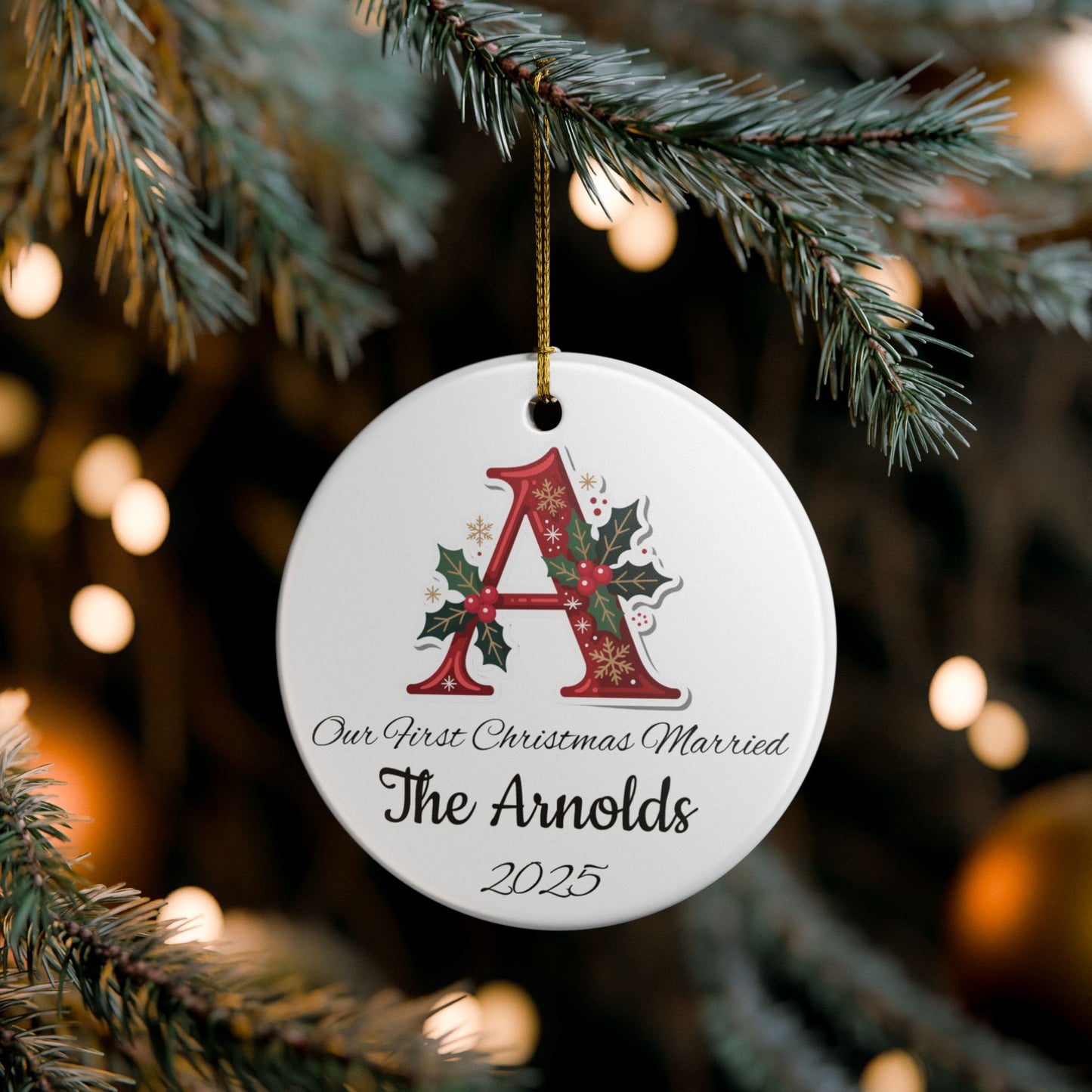 Custom Christmas Monogram Ceramic Ornament, Personalized Holiday Decoration Gift, Xmas Tree Bauble, Festive Name Initial Hanging Decor,
