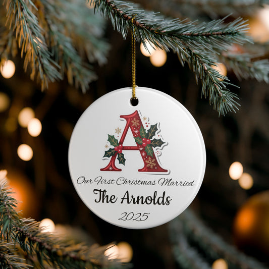Custom Christmas Monogram Ceramic Ornament, Personalized Holiday Decoration Gift, Xmas Tree Bauble, Festive Name Initial Hanging Decor,