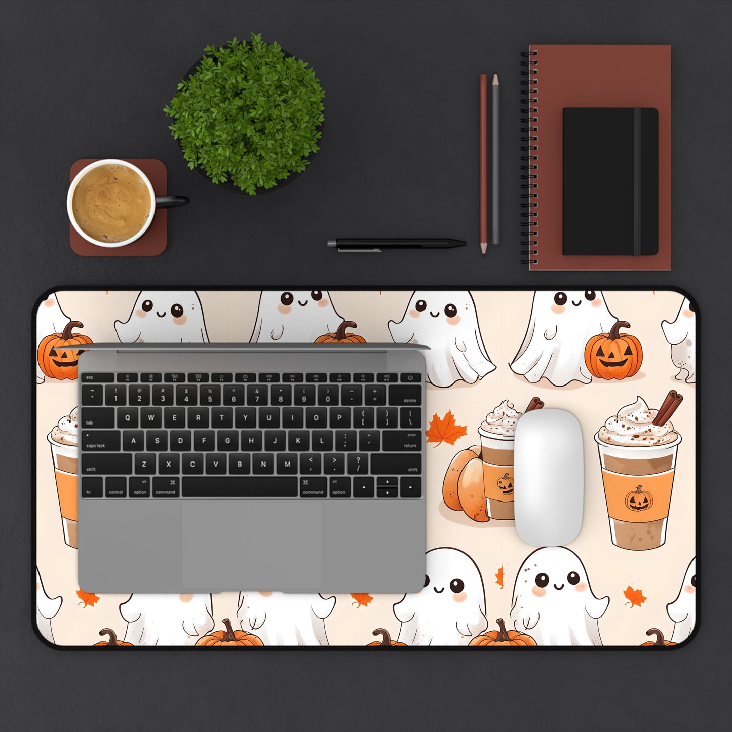 Ghost pumpkin coffee desk mat, cute fall Halloween desk pad, kawaii ghost gaming mat, autumn pumpkin mouse pad