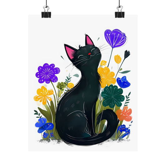 Whimsical Cat Art Print, Matte Vertical Posters, Floral Home Decor, Cat Lover Gift, Colorful Wall Art, Cute Animal Prints