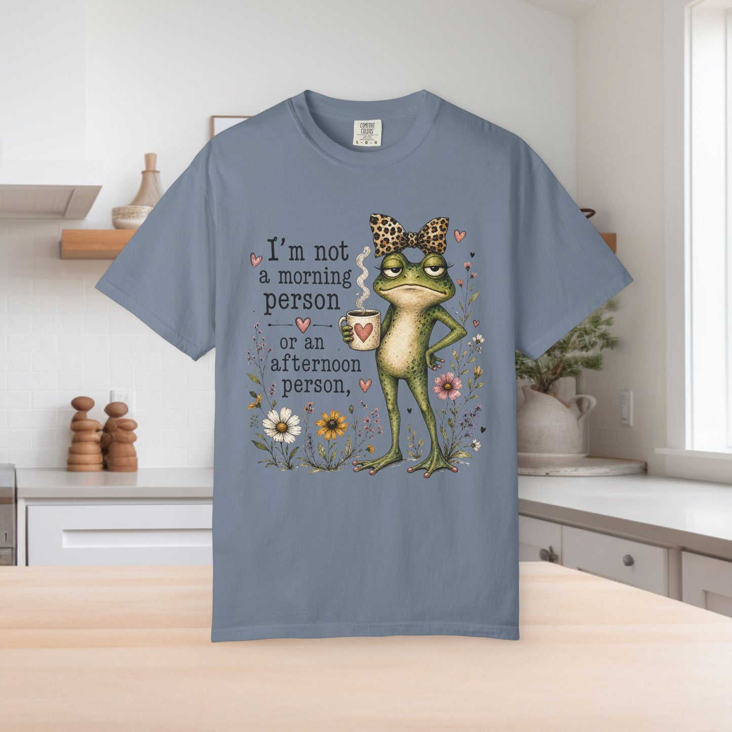Grumpy Frog with Leopard Headband T-Shirt | Funny Morning Quote, Floral Illustration