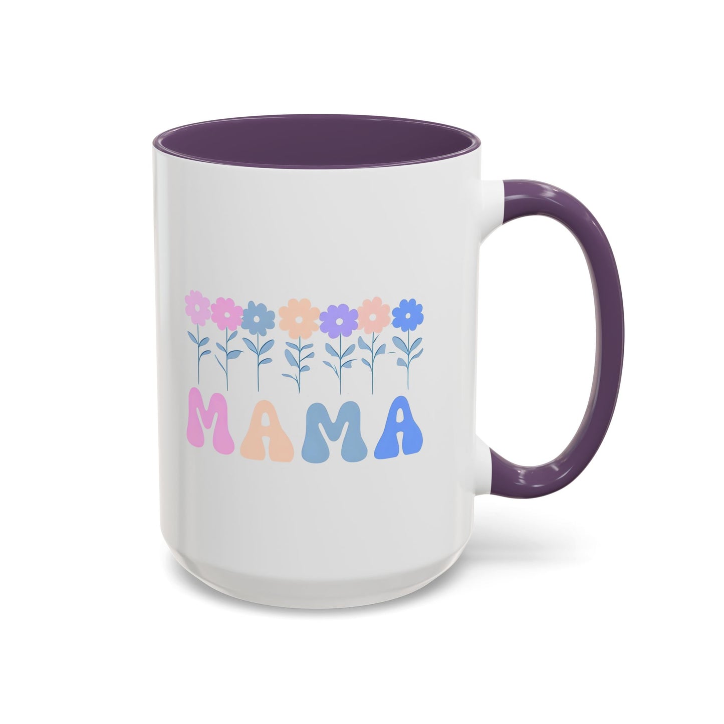 Floral Mama Accent Coffee Mug, Cute Gift for Mom, Pink Handle Coffee Cup, Mother's Day Present, Flower Mug for Moms