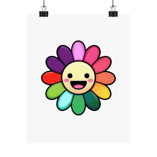 Colorful Happy Rainbow Flower Poster, Whimsical Art Print, Cute Wall Decor for Kids, Bright Home Decoration, Gift for Plant Lovers