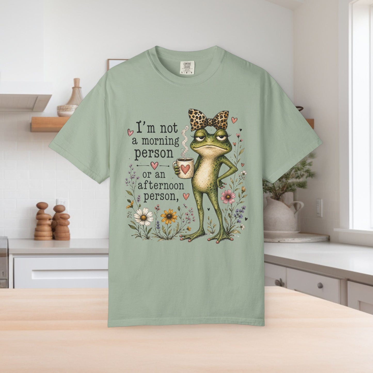 Grumpy Frog with Leopard Headband T-Shirt | Funny Morning Quote, Floral Illustration