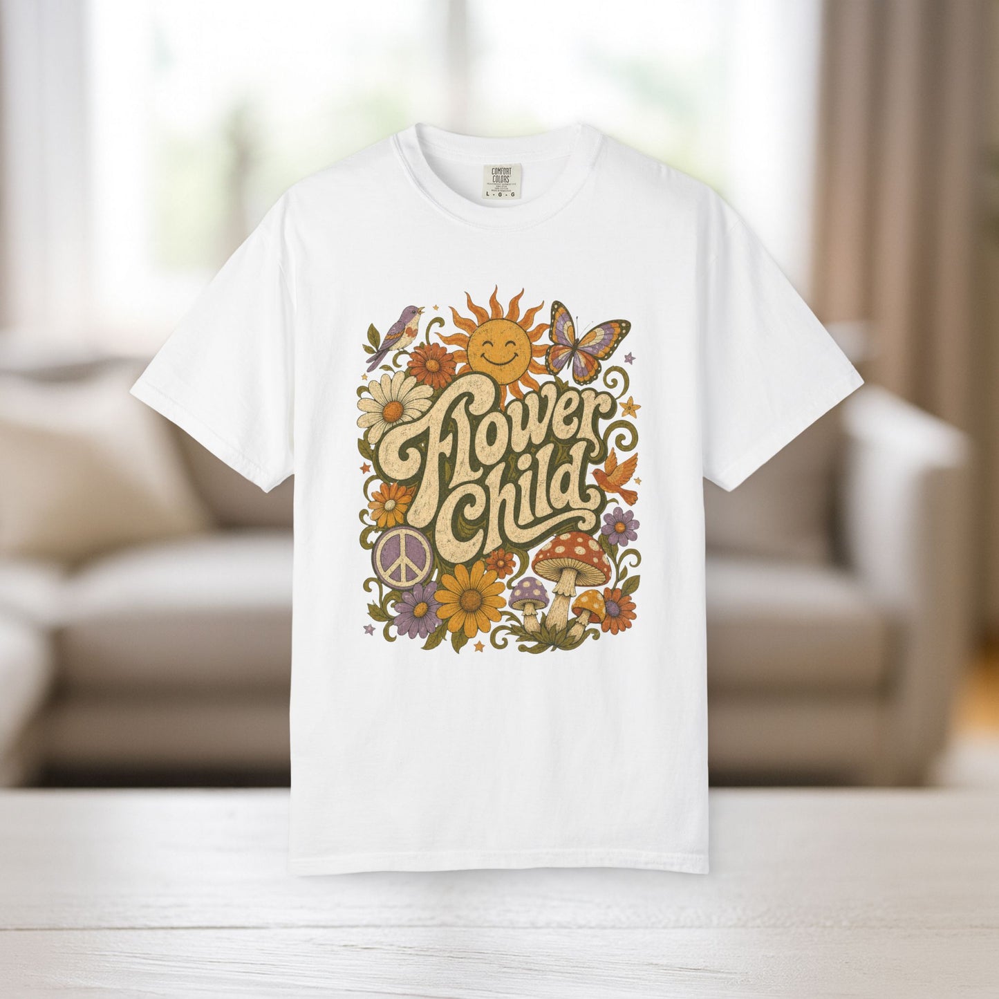 Flower Child Shirt | Retro Boho Comfort Colors Tee | 70s Hippie Graphic Tee | Mushroom Sun Flower Shirt | Peace Sign Boho T-Shirt