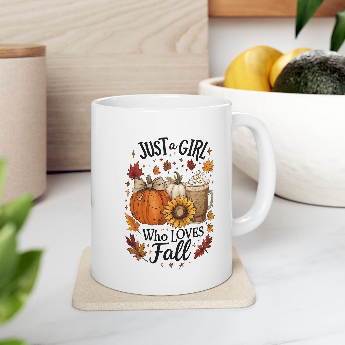 Just a Girl Who Loves Fall Mug, Pumpkin Spice Coffee Cup, Autumn Sunflower Latte Mug, Cozy Fall Gift for Her