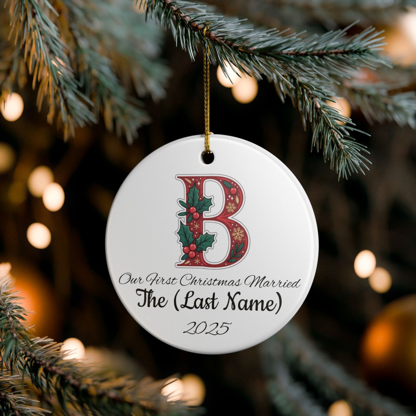 Custom Christmas Monogram B Ceramic Ornament, Personalized Holiday Decoration Gift, Xmas Tree Bauble, Festive Name Initial Hanging Decor,