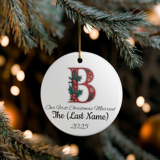 Custom Christmas Monogram B Ceramic Ornament, Personalized Holiday Decoration Gift, Xmas Tree Bauble, Festive Name Initial Hanging Decor,