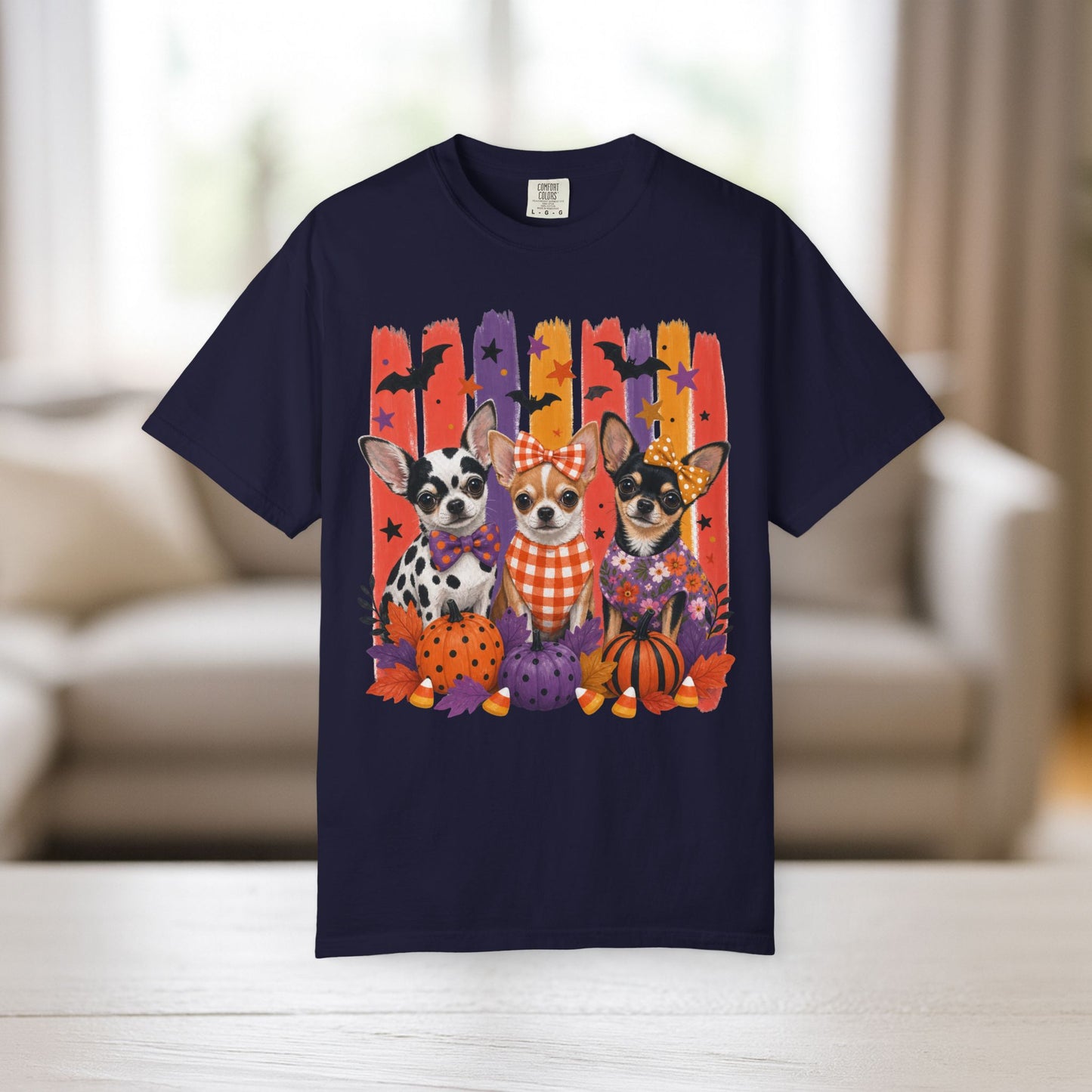 Chihuahua Trio Halloween T-Shirt | Pumpkin Pumpkins Bats Dogs