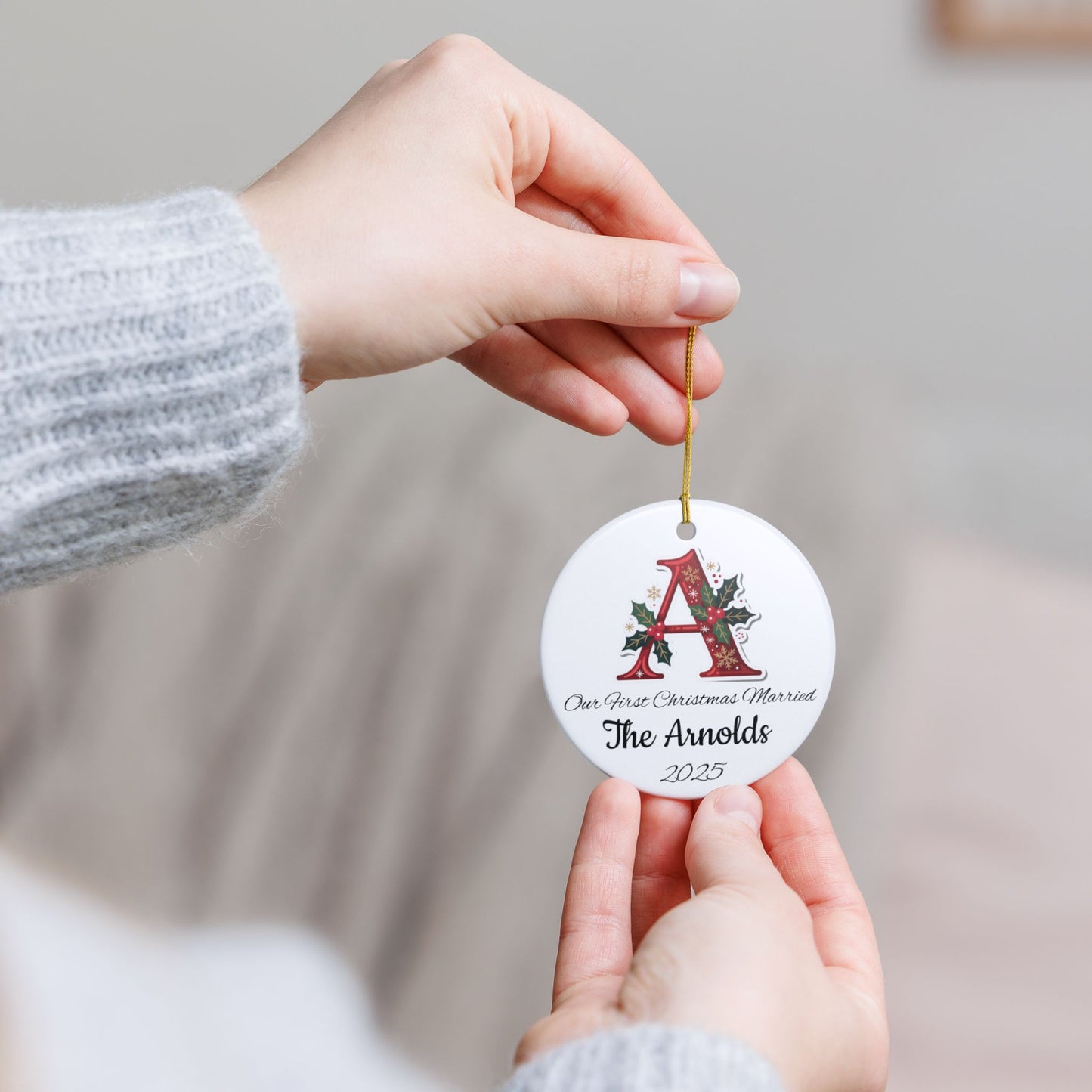 Custom Christmas Monogram Ceramic Ornament, Personalized Holiday Decoration Gift, Xmas Tree Bauble, Festive Name Initial Hanging Decor,