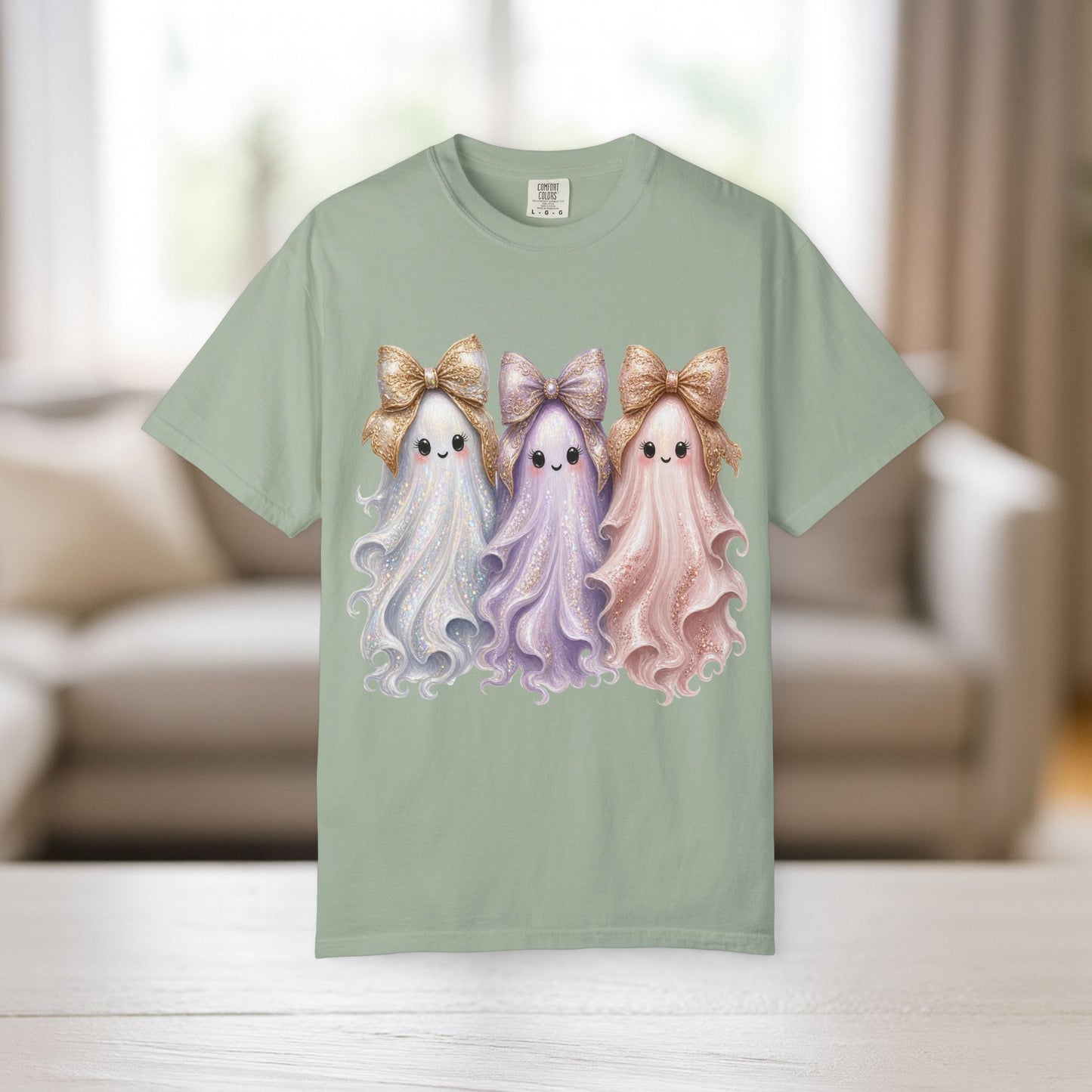 Cute Ghost Shirt with Bows, Comfort Colors Pastel Halloween Tee, Too Cute to Spook